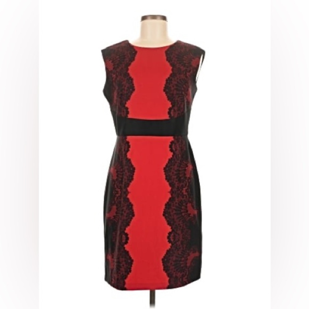 New York & Company Red and Black Lace-Trim Sheath Dress
